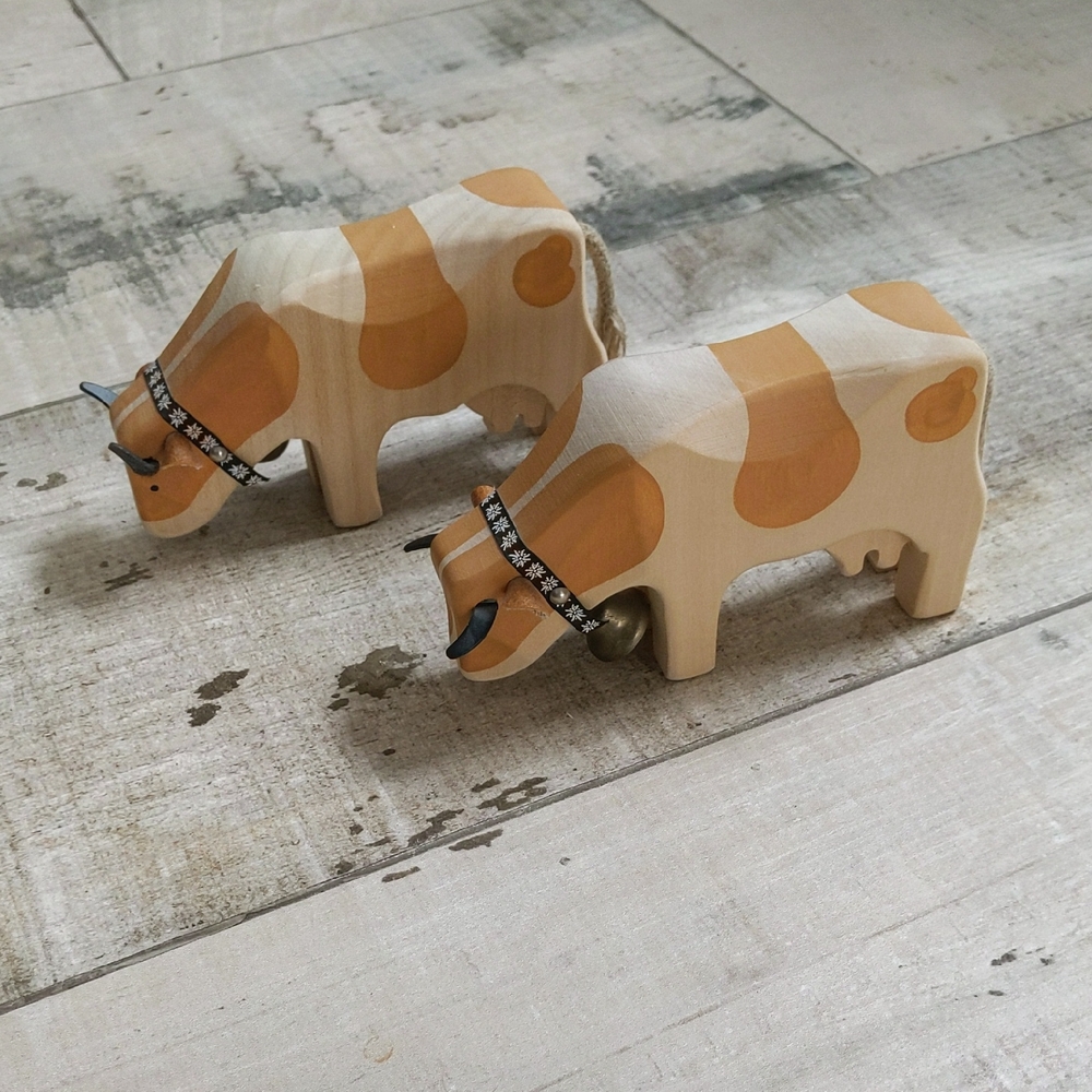 Handmade Wooden Cow Figurines with Working Bell From Switzerland Set Of 2